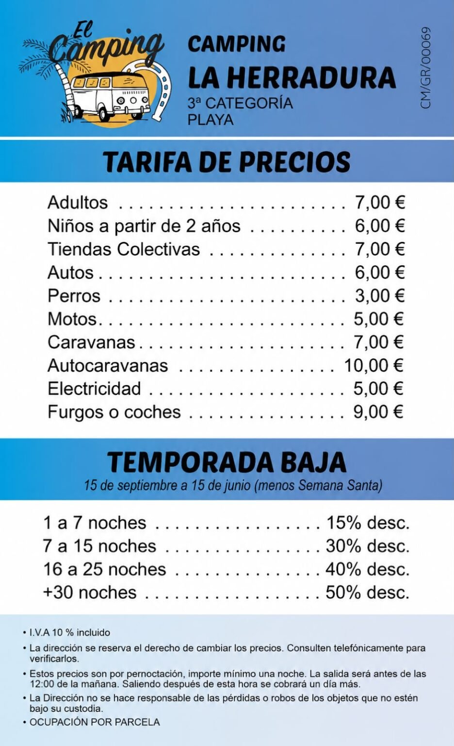 PRECIOS CAMPING LA HERRADURA